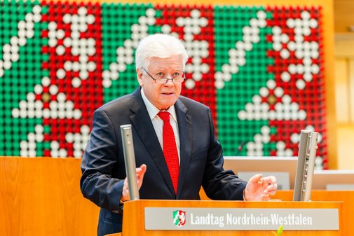 Peter Jeromin steht am Rednerpult des Plenarsaals. Hinter ihm ein Mosaik in den Landesfarben rot-grün-weiß.