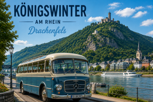 Bild mit altem Bus am Rhein gegenüber Königswinter