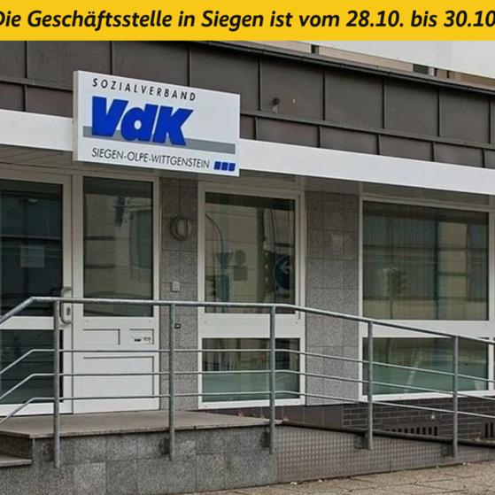 Geschäftsstelle Siegen Geschäftsstelle in Siegen mit VdK-Logo über der Tür und Treppe von links und Rollstuhlrampe von rechts.