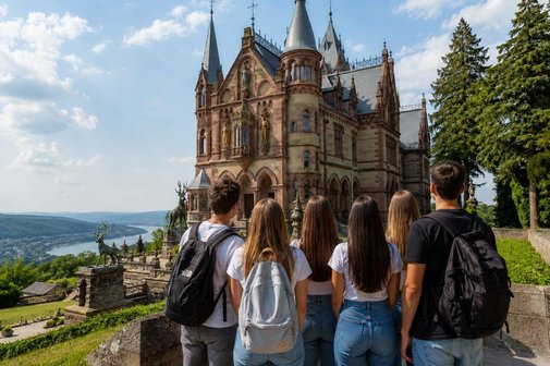 Das Foto zeigt eine Touristengruppe vor dem Schloss Drachenburg mit Blick auf die Rheinschleife